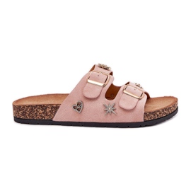 Flip fallas para mujeres en una suela de corcho con abrazaderas y alfileres de color rosa claro