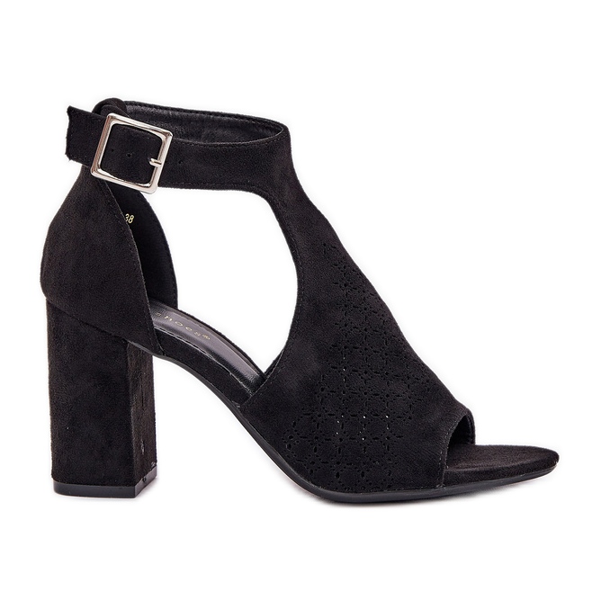 Sandalias con un patrón de trabajo abierto en el poste de ante Black Eco negro