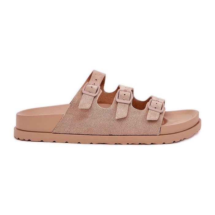 Zapatillas para mujeres con rayas y hebillas beige