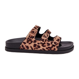 Chanclas para mujeres con rayas y hebilla con estampado de leopardo marrón