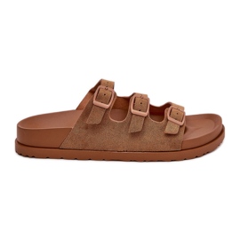 Zapatillas para mujeres con rayas y hebillas de camello marrón