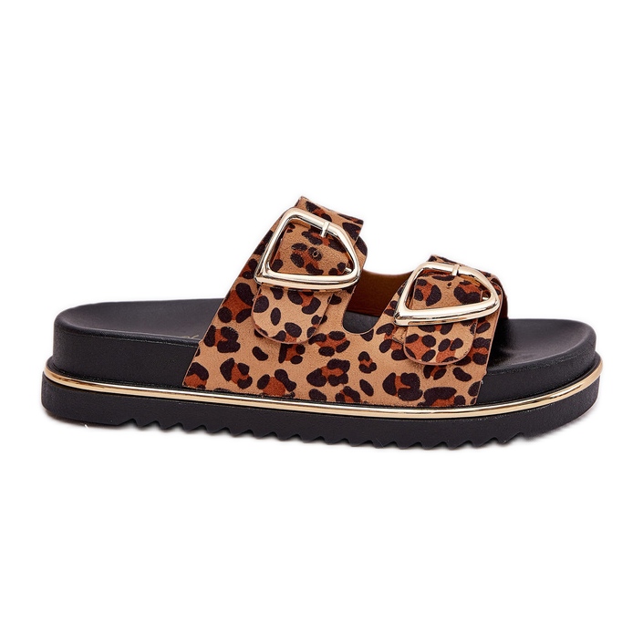 Zapatillas para mujeres con estampado de leopardo en la plataforma con abrazaderas doradas Brown marrón
