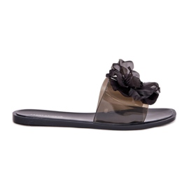 Chanclas de mujeres planas transparentes con flores artificiales negros