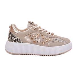 Zapatos deportivos femeninos con tachuelas de malla y beige