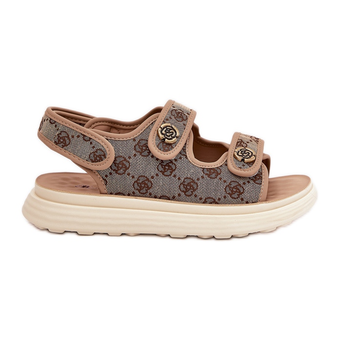 Sandalias de material estampado para mujeres con detalles dorados caqui beige