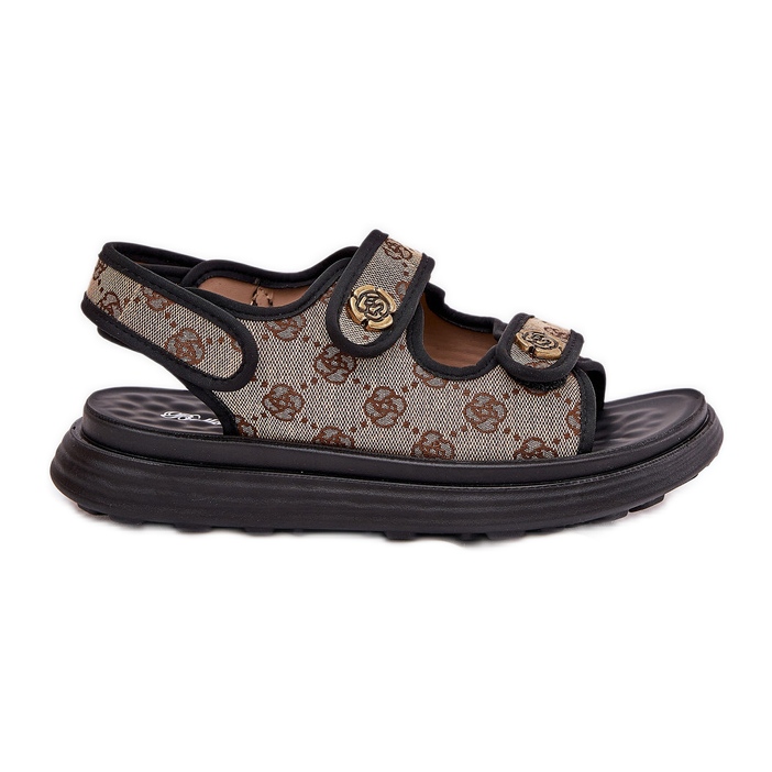 Sandalias de material estampado para mujeres con detalles dorados beige-negros Sandalias de material estampado para mujeres con detalles dorados beige-negros