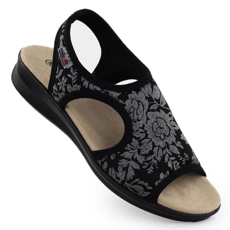 Sandalias para mujeres en una erupción flexible con flores negras Unisoft 7196 negro