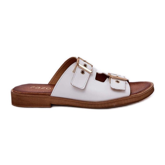 Chanclas planas de cuero con hebillas blancas Zazoo 3020 blanco