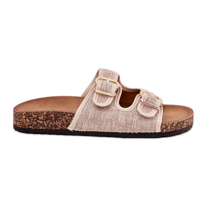 Material de mujeres chanclas en una plataforma de corcho con hebillas beige