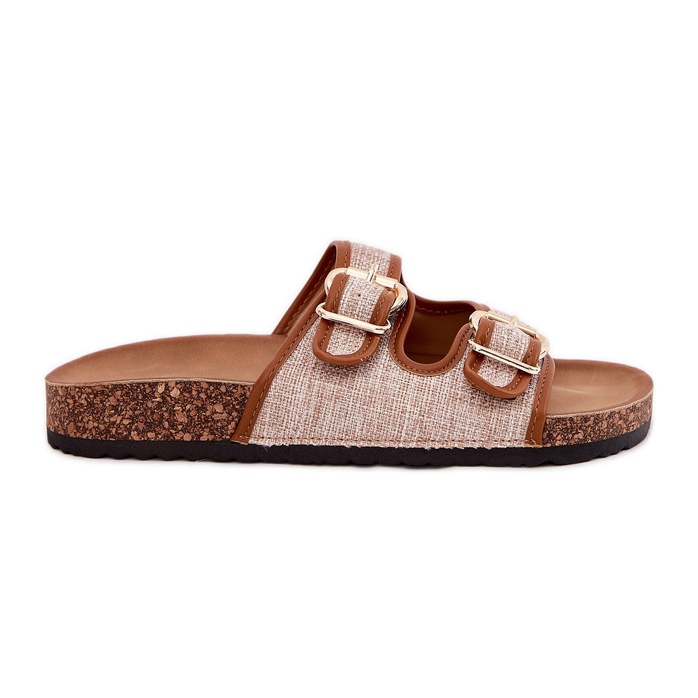 Material de mujeres chanclas en una plataforma de corcho con hebillas de camello marrón Material de mujeres chanclas en una plataforma de corcho con hebillas de camello marrón
