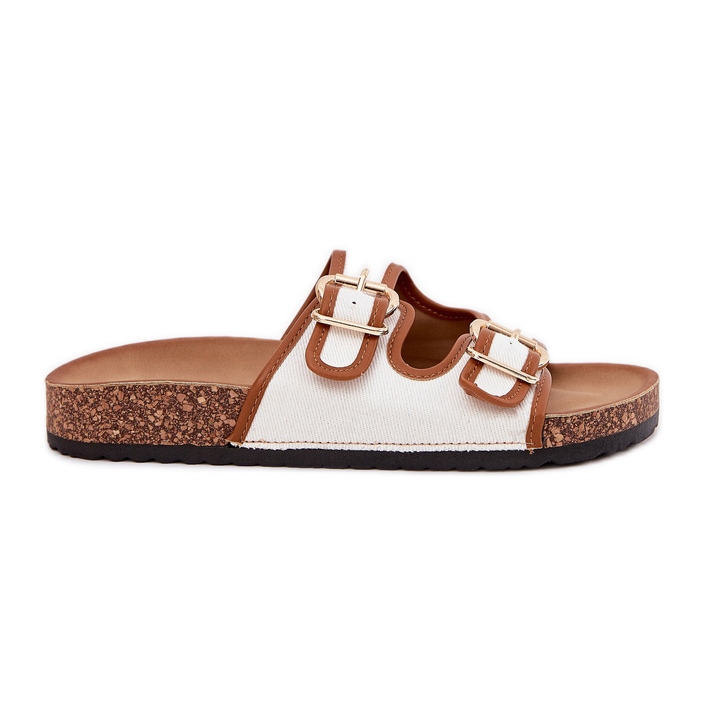 Material de mujeres chanclas en una plataforma de corcho con hebillas blancas blanco