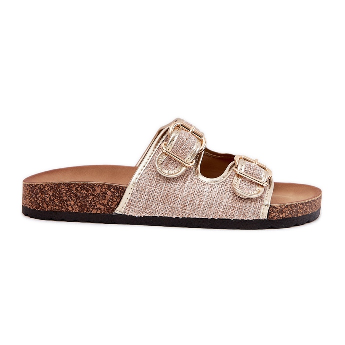 Material de mujeres chanclas en una plataforma de corcho con hebillas doradas dorado