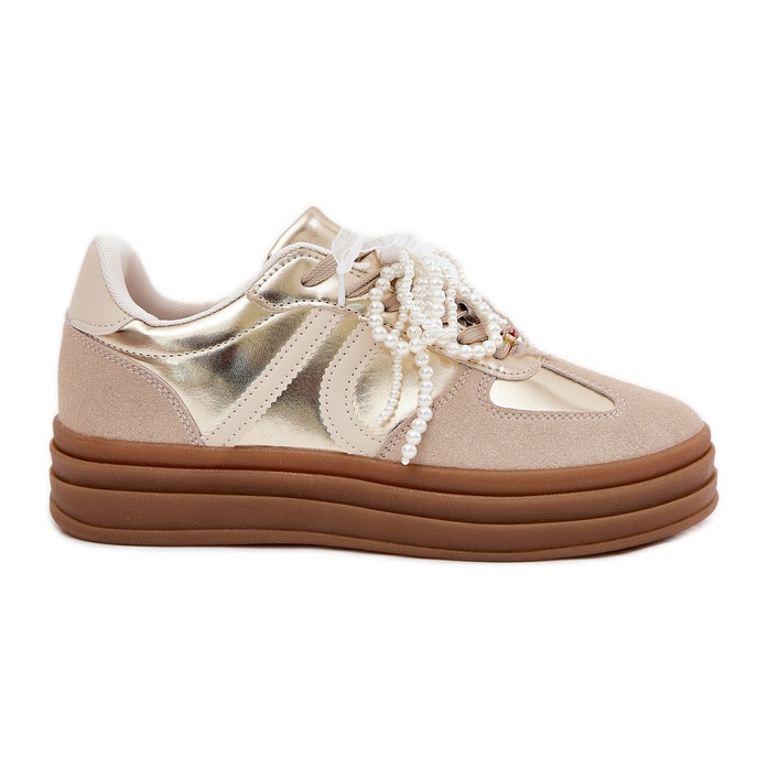 Zapatillas de deporte para mujeres en la plataforma con decoraciones beige-oro
