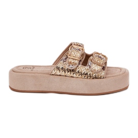 Zapatillas para mujeres en la plataforma con hebillas y trenza de color caqui beige