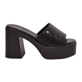 Zapatillas de cuero ecológica para mujeres en el poste y la plataforma negra negro