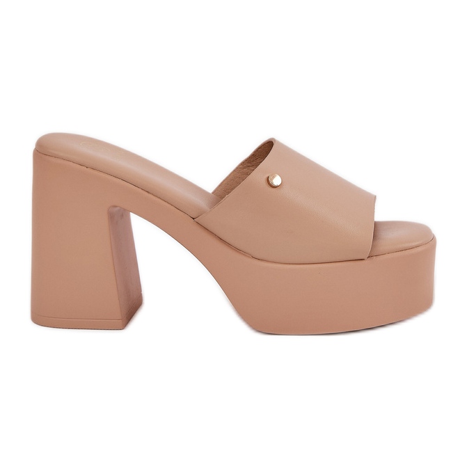 Zapatillas de cuero ecológica para mujeres en el poste y la plataforma de color caqui beige