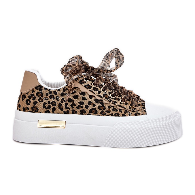 Zapatillas de deporte para mujeres en una plataforma masiva con leopardo decorativo de cordones marrones marrón Zapatillas de deporte para mujeres en una plataforma masiva con leopardo decorativo de cordones marrones marrón