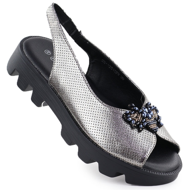 Sandalias para mujeres en la plataforma Potocki de plata metálica perforada SZ12610