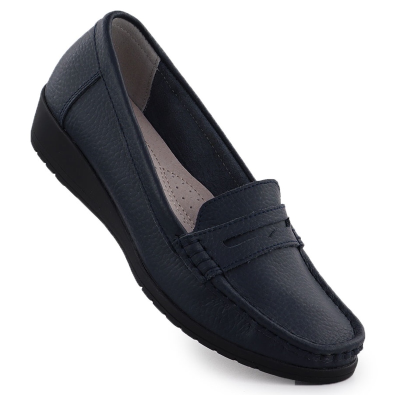 Mocasines de cuero para mujeres en una plataforma Navy Blue Sabatina Jhy01 azul