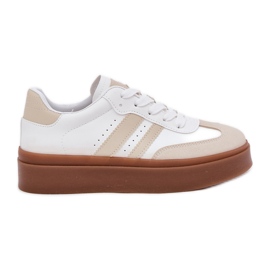 Zapatillas de deporte para mujeres en la plataforma con beige de cuero ecológico y blanco
