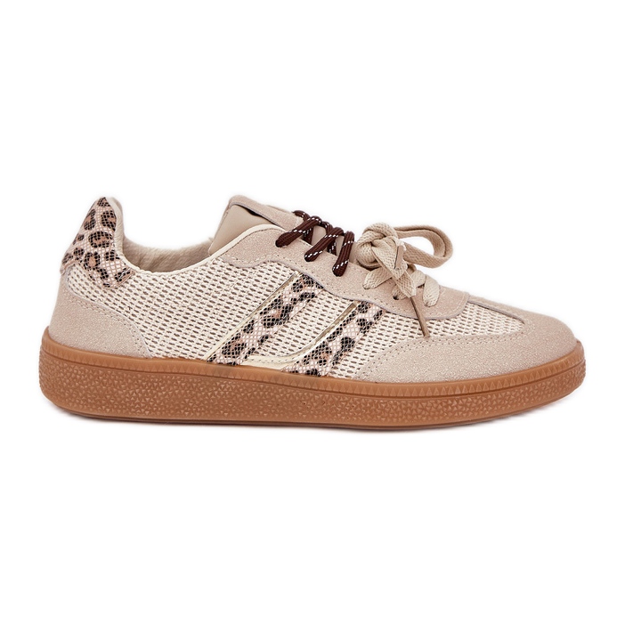Zapatillas de deporte femeninas con huella de beige de cordón doble estampado de leopardo