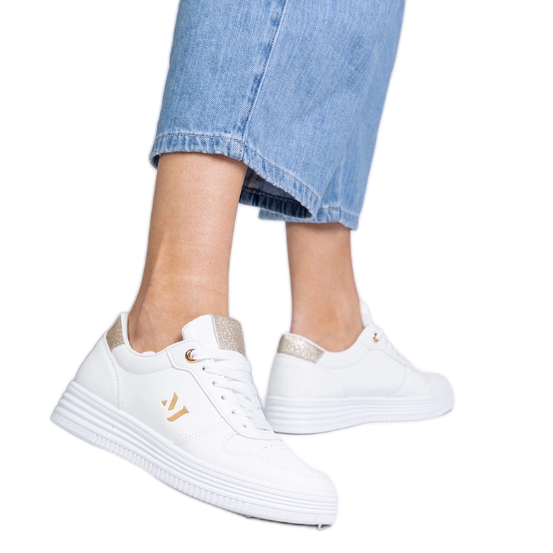 Zapatillas blancas para mujeres con brillo dorado blanco Zapatillas blancas para mujeres con brillo dorado blanco