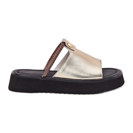 S.Barski Zapatillas de cuero para mujeres en la plataforma con un cinturón decorativo D&amp;A MK51-475 Oro dorado