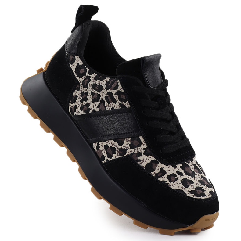 Zapatillas de deporte de cuero en la plataforma de leopardo negro Vinceza 66793