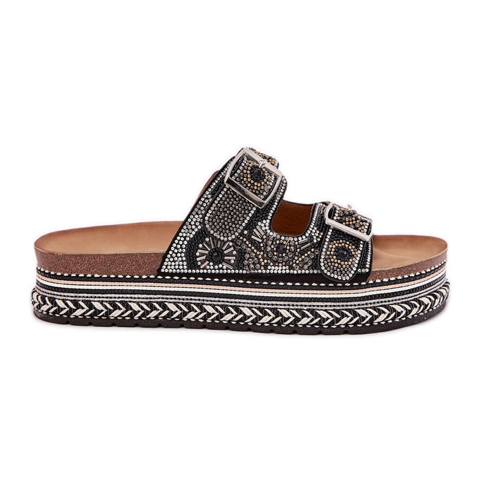 Zapatillas con decoración y hebillas en la plataforma negra negro