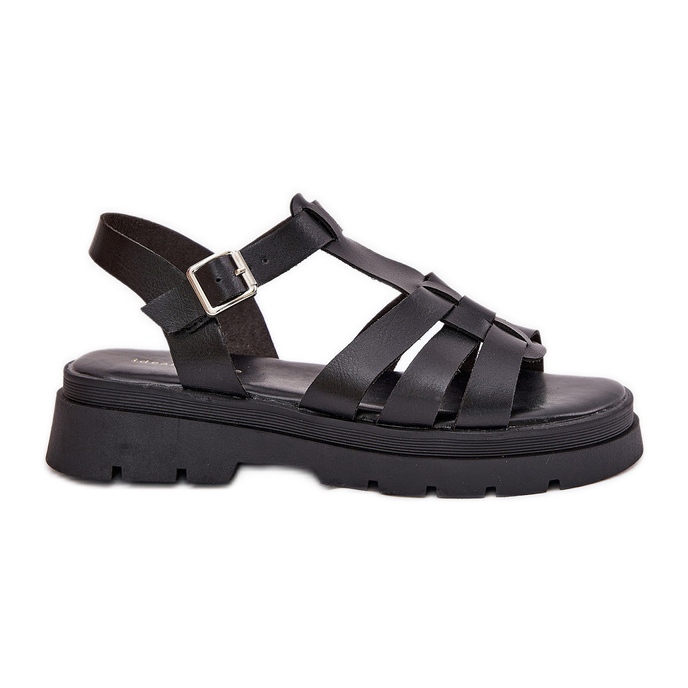 Sandalias de mujer de cuero ecológica en la plataforma negra negro