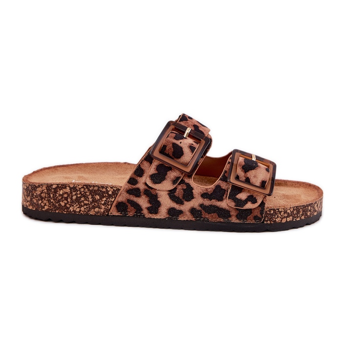 Chanclas para mujeres con abrazaderas en la suela de corcho marrón estampado de leopardo