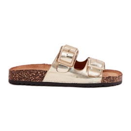 Chanclas para mujeres con abrazaderas en una suela dorada de corcho dorado