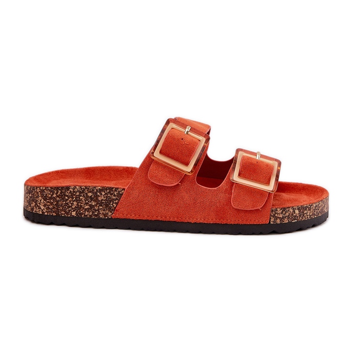 Chanclas para mujeres con abrazaderas en una suela de color naranja de corcho