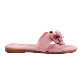 Chanclas de mujeres planas con un arco rosa rosado