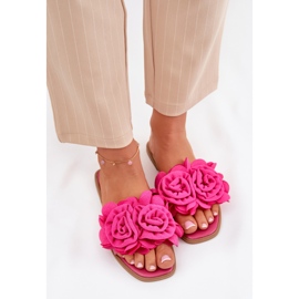 Chanclas de mujer plana con flores de fucsia decorativas rosa