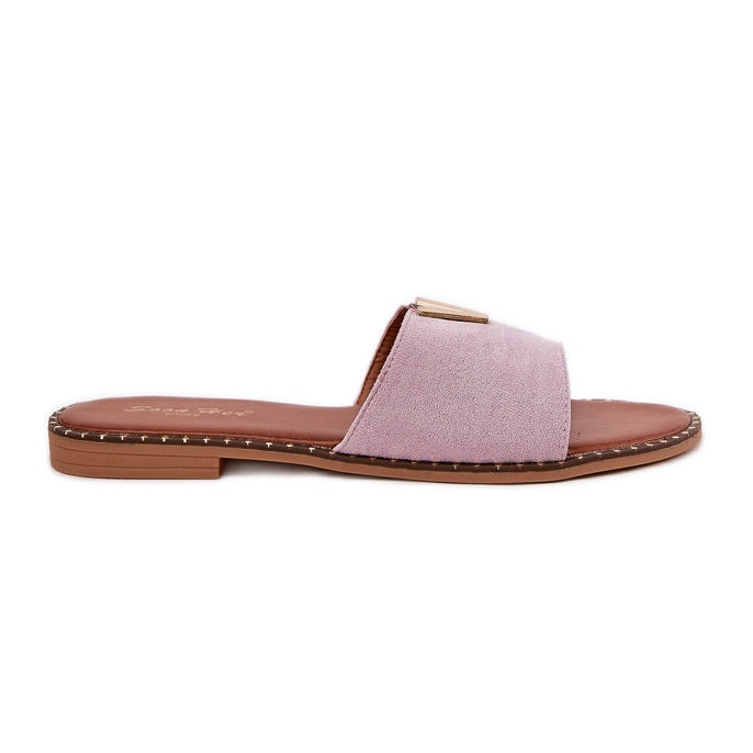 Chanclas de mujer plana con detalles morados decorativos violeta