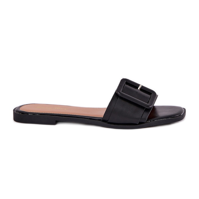 Zapatillas para mujeres de cuero ecológica plana con hebilla negra negro
