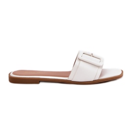 Zapatillas para mujeres de cuero ecológico plano con hebilla blanca blanco