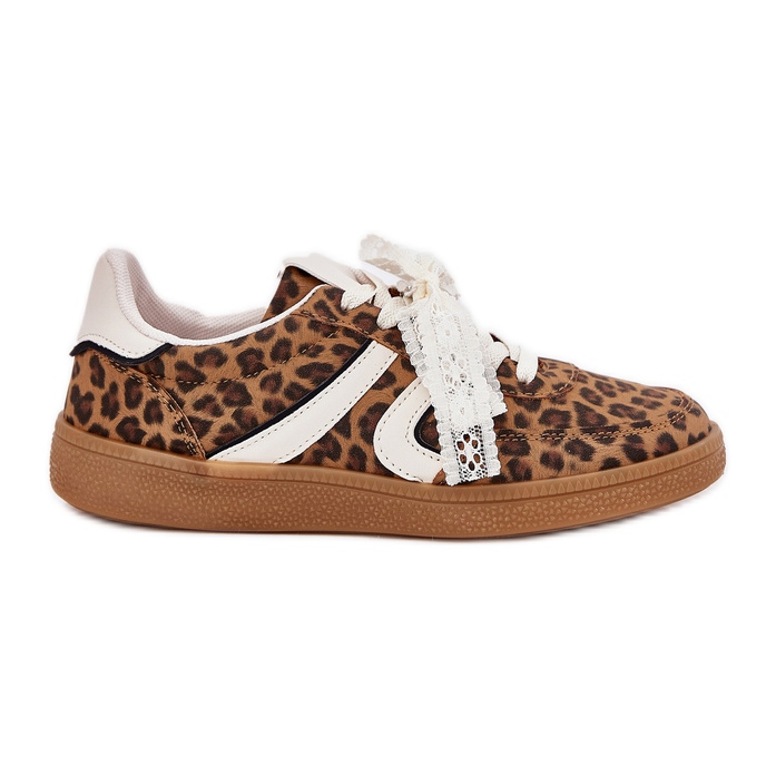 Zapatillas de deporte para mujeres bajas con encaje leopardo estampado marrón