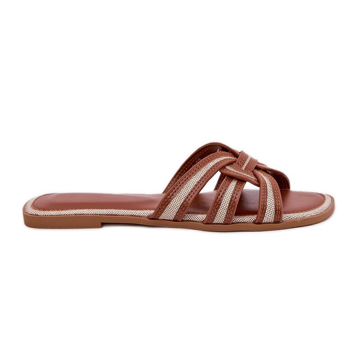 Chanclas de mujeres planas con rayas marrones entrelazadas marrón