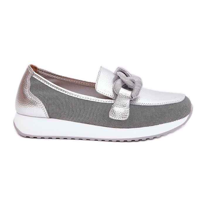 S.Barski Mocasines de cuero para mujeres con un adorno LR51-966 Plata