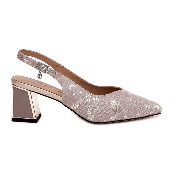 Sandalias de cuero para mujeres en el pilar con herramientas de nariz alta Vinceza 66733 Oro y plata