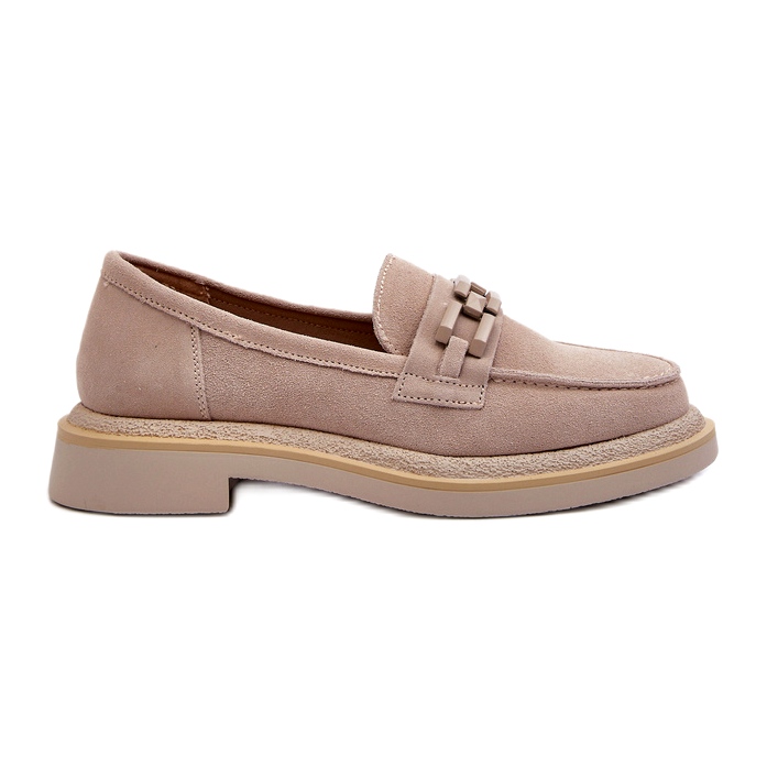 S.Barski Mocasines de cuero de tacón plano para mujeres con decoración TW101 beige ligero