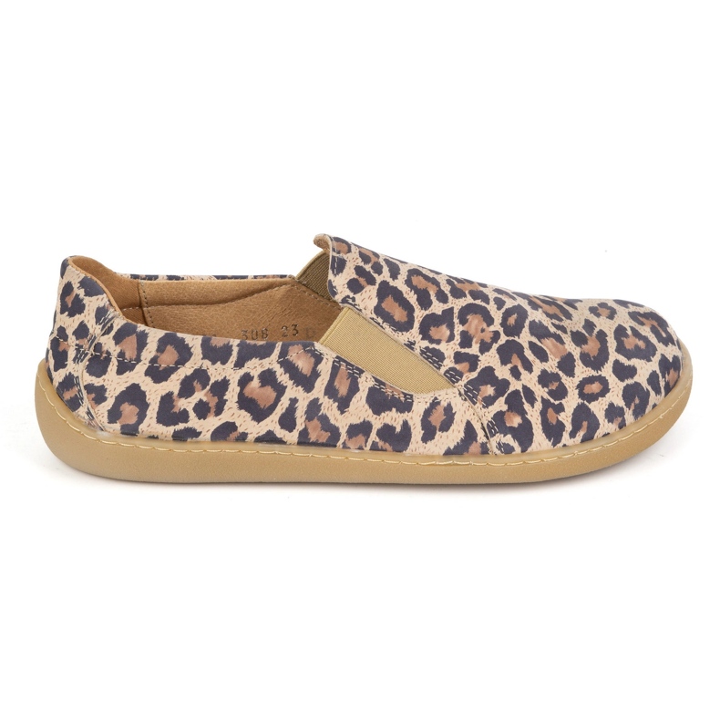 Zapatos de cuero para mujeres descalzos Pollonus resbaló 5-1308-023 estampado de leopardo beige