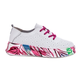 Zapatillas de deporte de cuero para mujeres en una plataforma blanca Vinceza 88017 estampada blanco