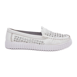 Vinceza Mocasines de cuero para mujeres con un patrón de trabajo abierto Vincez 88028 White blanco