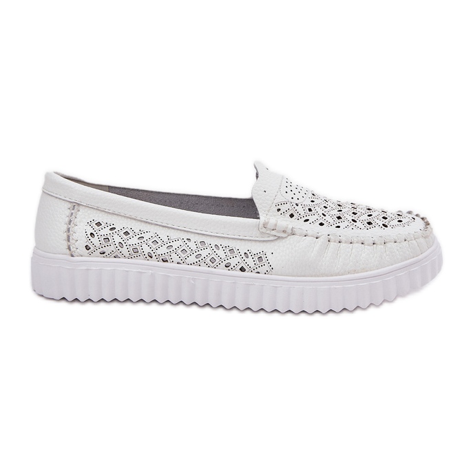 Vinceza Mocasines de cuero para mujeres con un patrón de trabajo abierto Vincez 88028 White blanco
