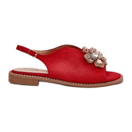 S.Barski Sandalias para mujeres de tacón plano con un adorno S. Barski KV27-001 rojo S.Barski Sandalias para mujeres de tacón plano con un adorno S. Barski KV27-001 rojo