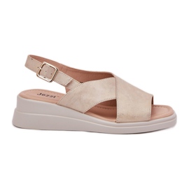 Jezzi Sandalias para mujeres para una cuña con cuero de cuero ecológico de cuero dorado
