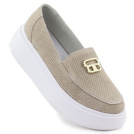 Mocasines de cuero perforado en la plataforma Vinceza 93204 beige